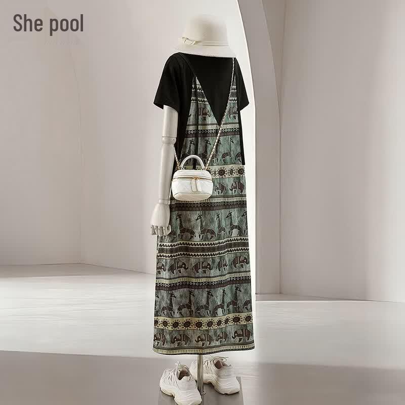 Women s Boho Print Striped A-Line Suspender Midi Dress L