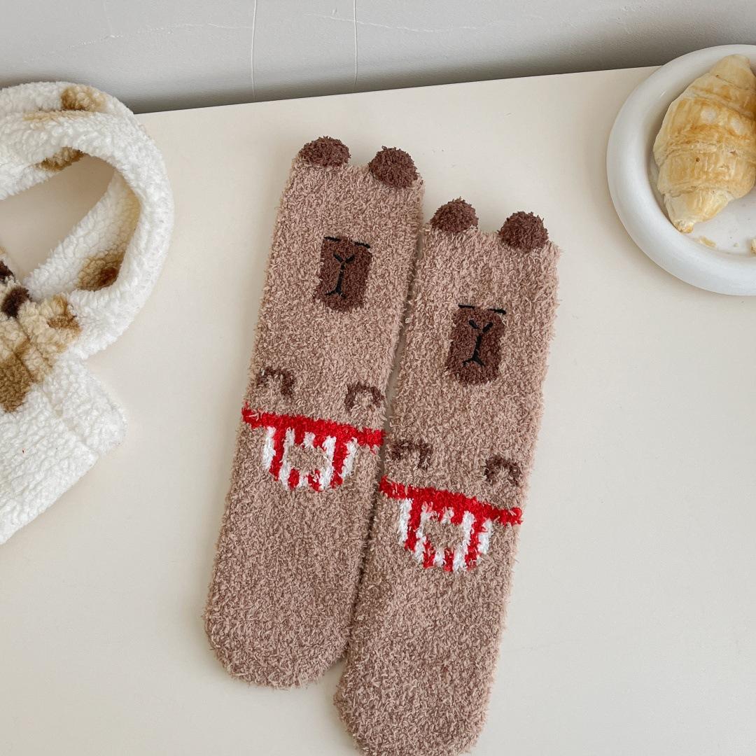 

Kapibara Coral Fleece Socks Autumn And Winter Fleece Thickened Medium Tube Sleep Socks Home Warm Confinement Stockings one size fits all