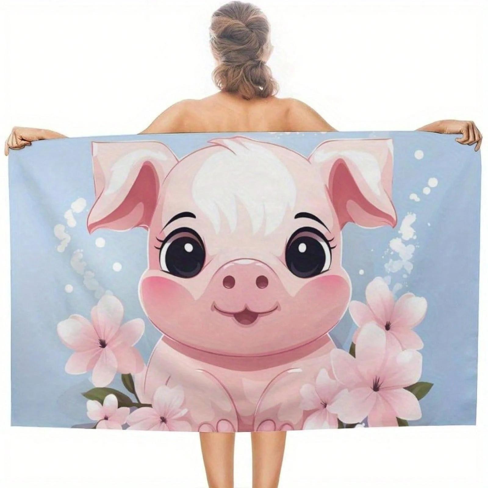 Pink Floral Piggy Beach Towel–Premium Microfiber, Sand Free, Breathable,Large Size – Poolside Lounging Decor–Animal Print Towel W40*H60(CM)