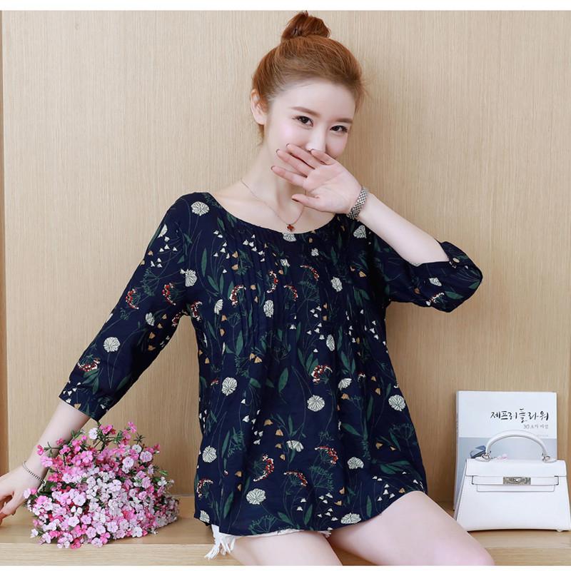 Elegant Womens Floral Print Casual Long Tops Shirt With Loose Vintage Ethnic Design And Crew Neck