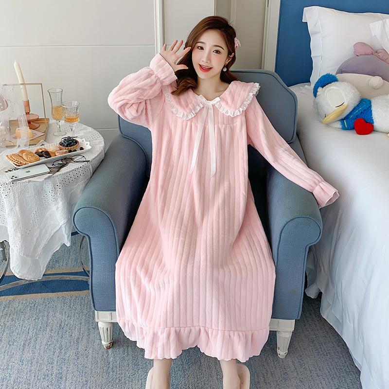 Autumn Winter Women's Nightwear Nightdress Flannel Thickened Solid Color Nightgown Doll Collar Student Warm Coral Velvet Ruffle Dress Robes