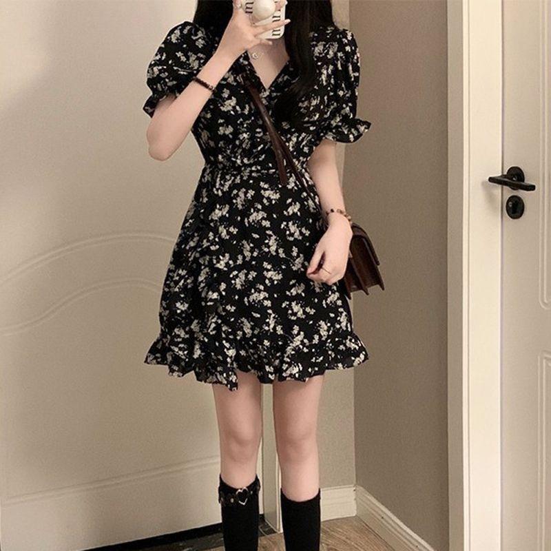 Black Floral Dress Looks Thin Summer New Skirt French Waist Lotus Leaf Short Skirt Tie-dye
