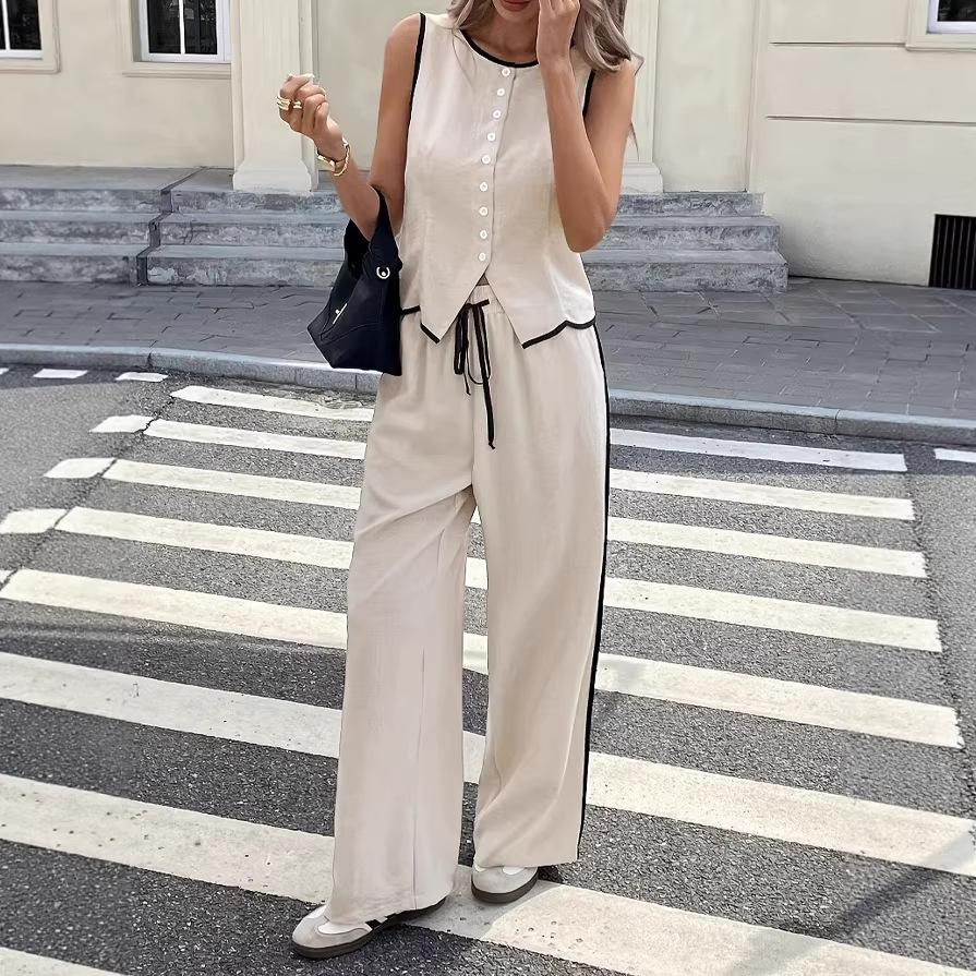 Cross-border 2026 Amazon independent station new European and American women s elegant color matching hemming sleeveless top trousers set S абрикосовый