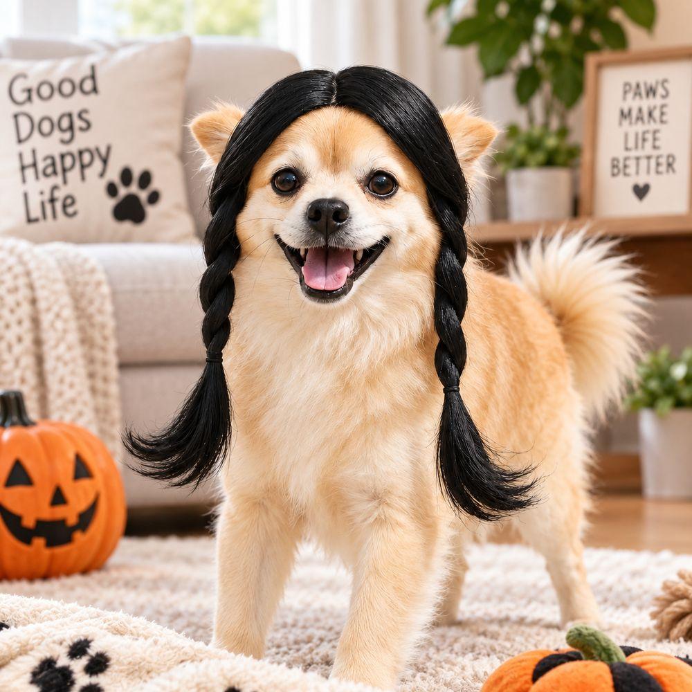 Black Twin Tails Pet Costume Wig Brown Curly Pet Hairpiece Funny Dog Wig  Festival Dress-Up