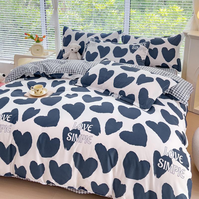 4pcs Cartoon Love Duvet Cover Set Simple Blue Plaid Bed Sheet Adults Kids Teenagers Bedding Comforter Cover with 2 Pillowcases