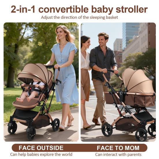 Infant Stroller 2-In-1 Convertible Baby with Bassinet Mode, Adjustable Canopy Reversible Seat Foldable Newborn Pram Pushchair, High Landscape Travel