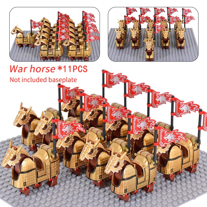 11pcs Medieval Gothic War Horse Building Blocks Silver/Gold/Iron/Armored Horses Battle Steed DIY Bricks Toys