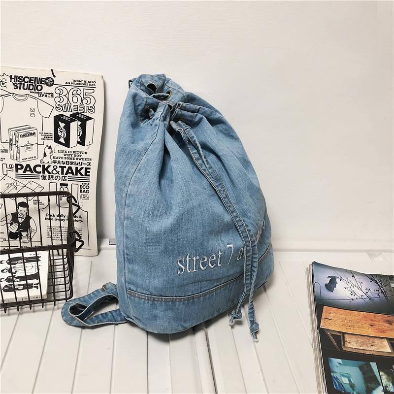 Denim Drawstring Backpack Women's Backpack Letter Embroidery Student Schoolbag
