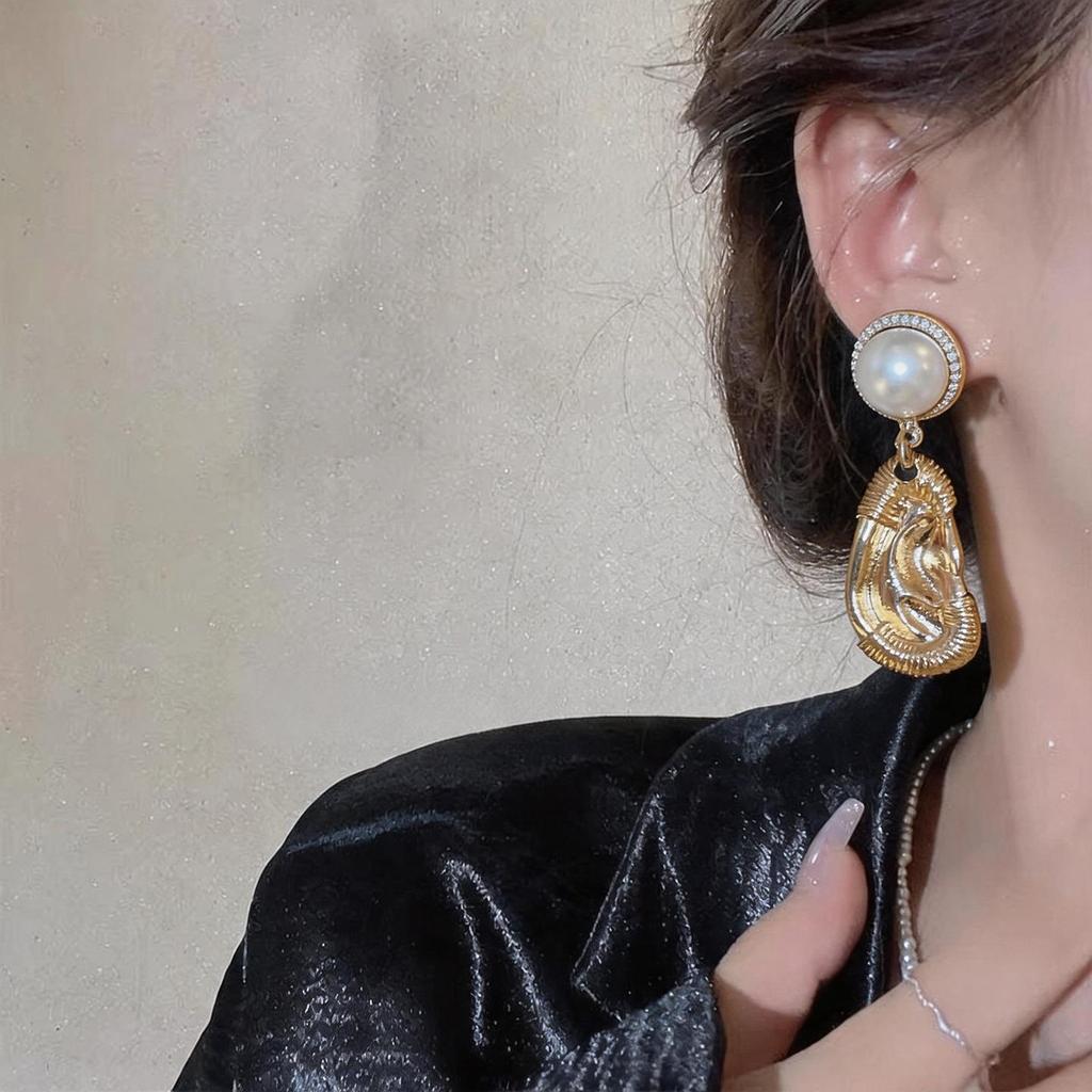 Silver Needle Asymmetrical Pearl & Diamond Water Drop Studs - European & American Style Fashion Earrings