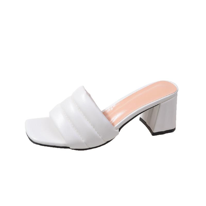 New thick heel one-word slippers women's summer wear fashion square head open-toed temperament with skirt high-heeled sandals