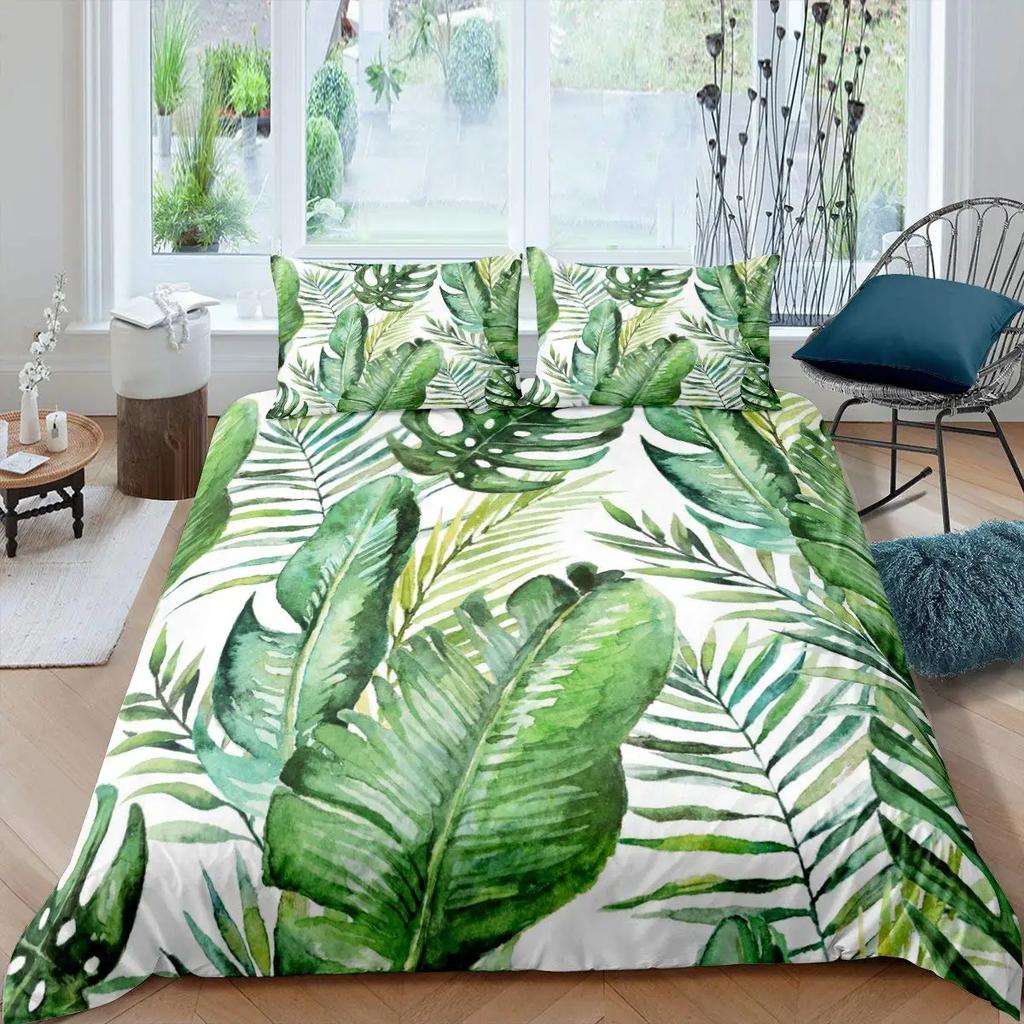Palm Leaf Duvet Cover Realistic Vivid Leaves Of Palm Tree Growth Ecology Botany Themed Print Queen Size Fern Green White Room