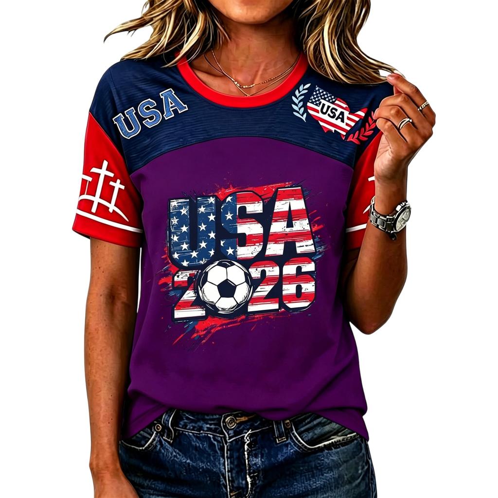Women's Casual Short Sleeve Pullover Top Crew Neck Soccer Graphic Print Lightweight T-Shirt for Everyday Wear