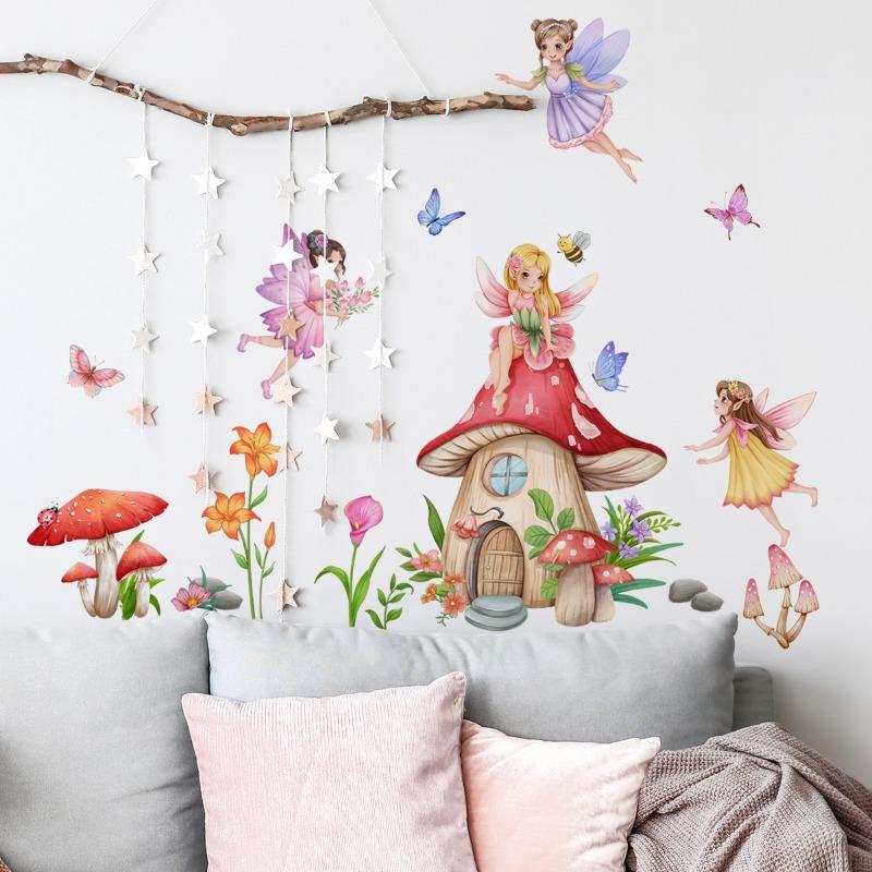 cartoon mushroom castle wall sticker for nursery self adhesive kids room cute fairy wall decal