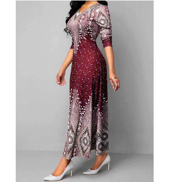 European & American V-Neck Retro Print Long Sleeve Maxi Dress - Spring & Autumn Women's Fashion