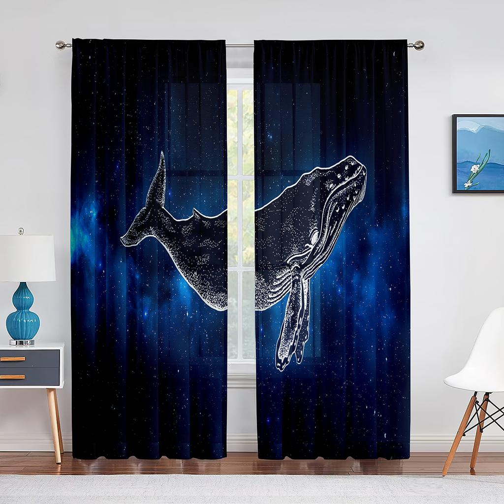 Watercolor Whale Underwater Animal Psychedelic Sheer Window Curtains for Living Room Bedroom Home Decor Chiffon Tulle Curtain