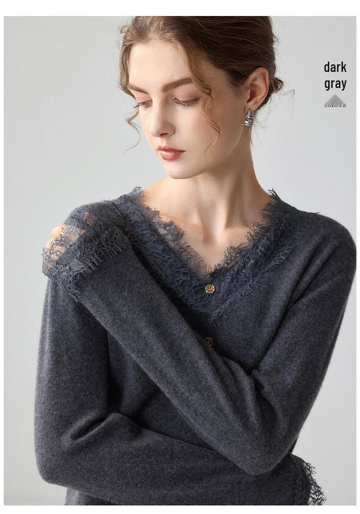 Lekasha Women's Cashmere Knitted Lace Sweater with Loose Elegant Collar