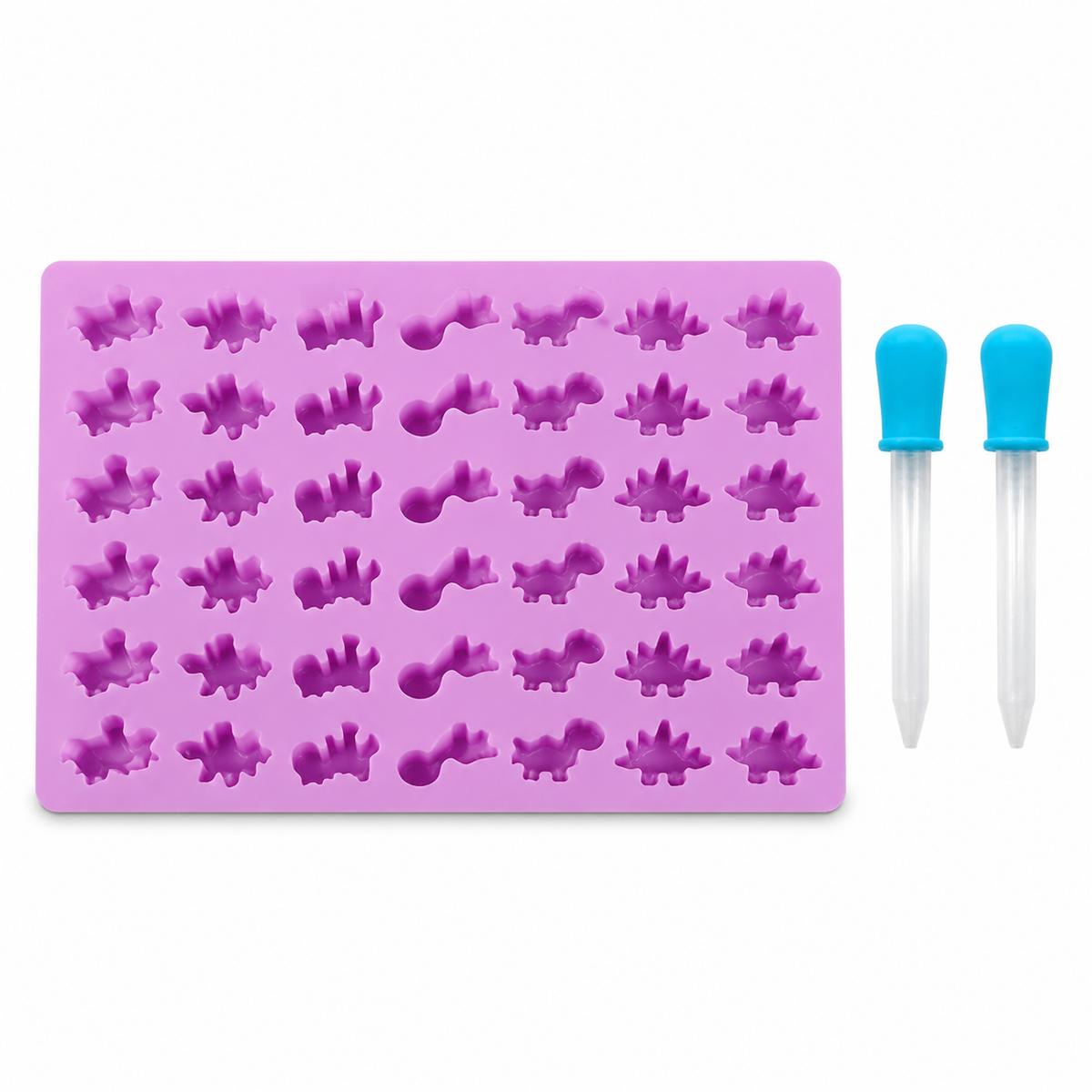 48-Cavity Purple Silicone Dinosaur Gummy Mold with 2 Droppers for Jelly, Candy and Ice Cubes фиолетовый