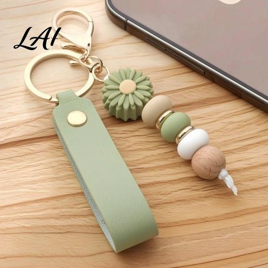 Decorative Handbag Charm Silicone Flower Keychain with Faux Leather Wristlet Car Key Ring Pendant Pendant Backpack Wood Beads Women