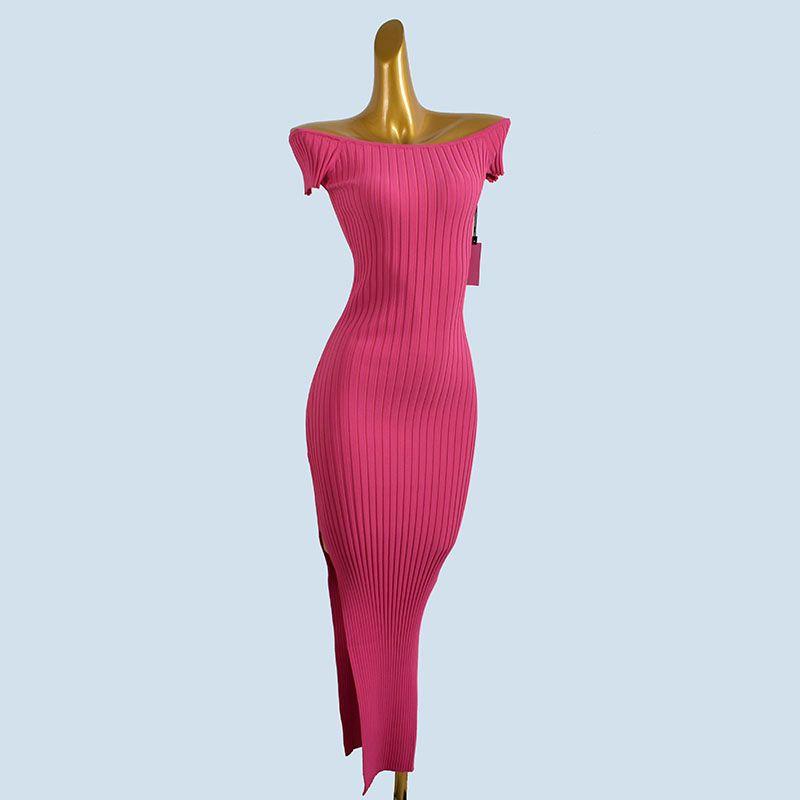 

Foreign Trade Order Gyaru Sunken Stripe Vest Dress Western Style Slim fit Flattering Figure High Elastic Solid Sheath Length Dress Rose Red L