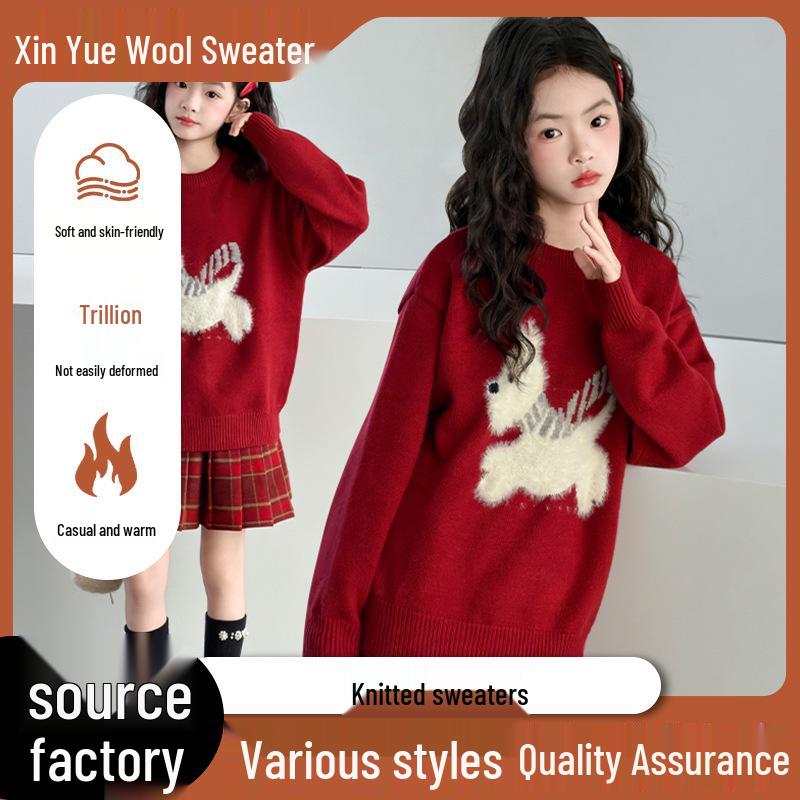 Girls' Red New Year Sweater - Thick Warm Knitwear for Big Kids, Autumn/Winter 2026 Style