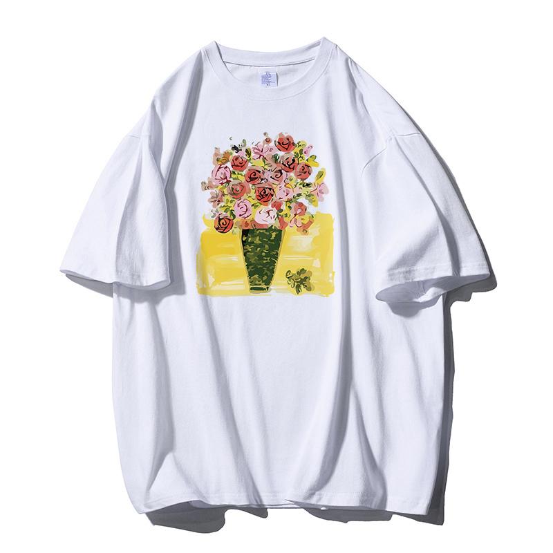 Shellsuning Tričko s potiskem krásných květin pro ženy Letní móda s výstřihem do O Umělecká trička nadměrné velikosti Dámská 100% bavlna Základní měkké topy Harajuku