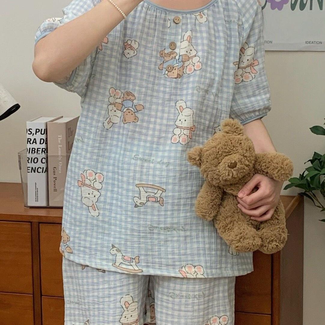 

Cute dachshund pajamas women s summer new plaid short-sleeved Japanese cartoon student homewear suit can be worn outside 2xl [recommended weight 136-150]