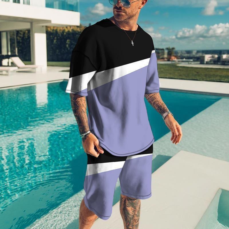 Men's 3D Printed Sports Two-Piece Set O-Neck T-Shirt Stripe Color Printing Casual Fitness Short Sleeve Tops Shorts