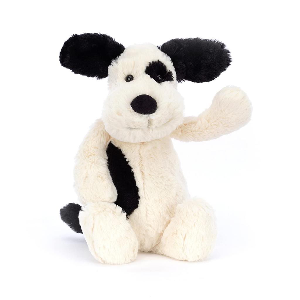 Jellycat Bashful Puppy Medium Plush Sitting Height Black Cream Dog, 20cm, &