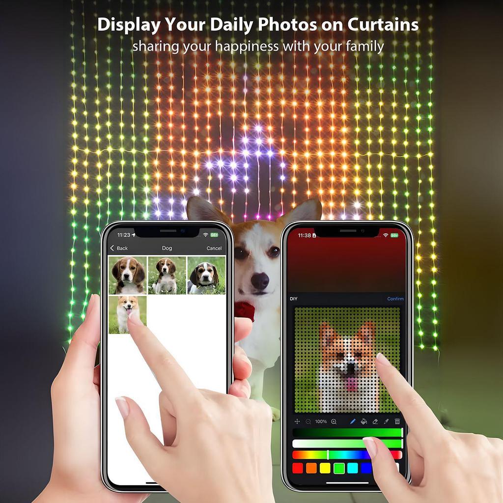 Grid Screen Hanging Smart LED Curtain Lights with Leather Line Decoration for Christmas and Dual Control Features