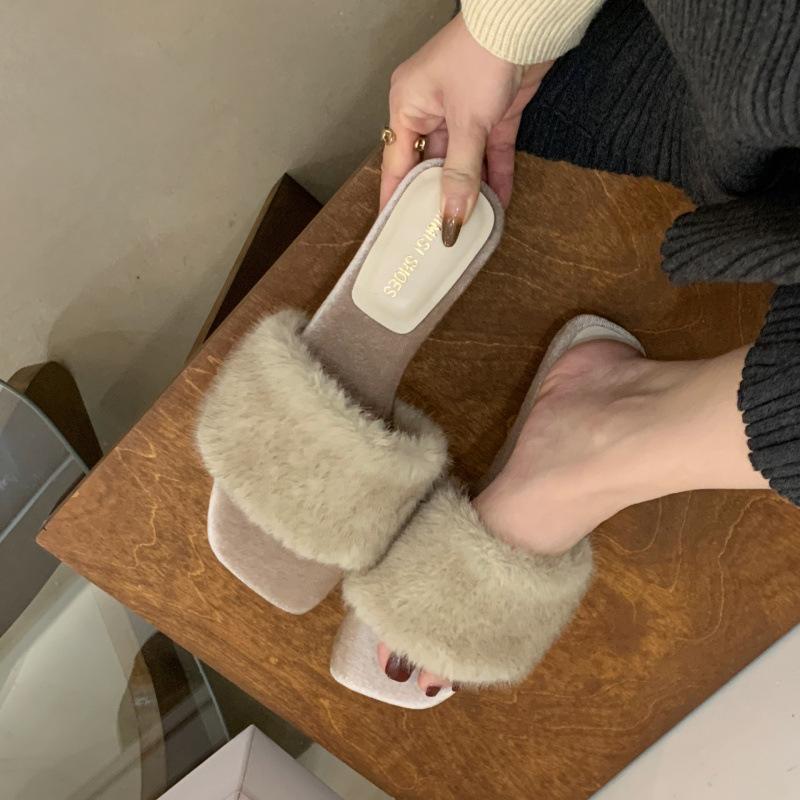 New Retro Leopard Print Square Head High Heel Fluffy Slippers Women's Wear 2025 Autumn Temperament Slope Heel Lazy Word Drag