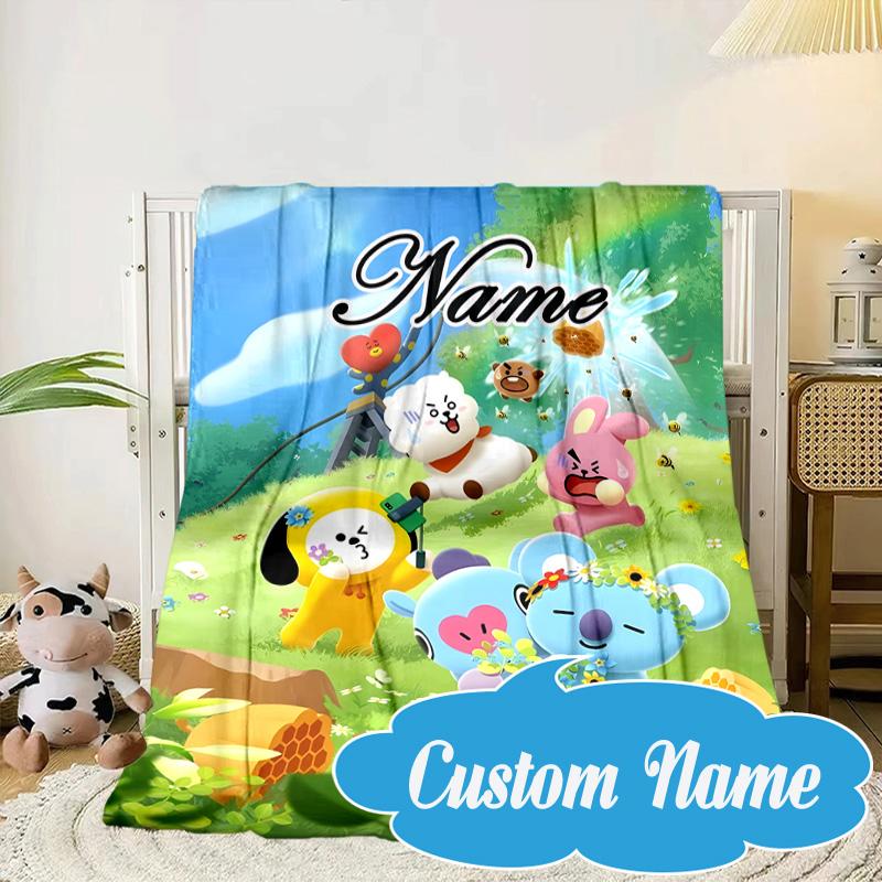 Custom Name BT K-pop Collage Vibes Blanket bed sofa Blanket Flannel Blanket for Camping, Hiking, Picnic Essentials,gift for Fan family