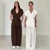 2025 Summer European & American Slimming V-Neck Top & Wide-Leg Pants Two-Piece Set
