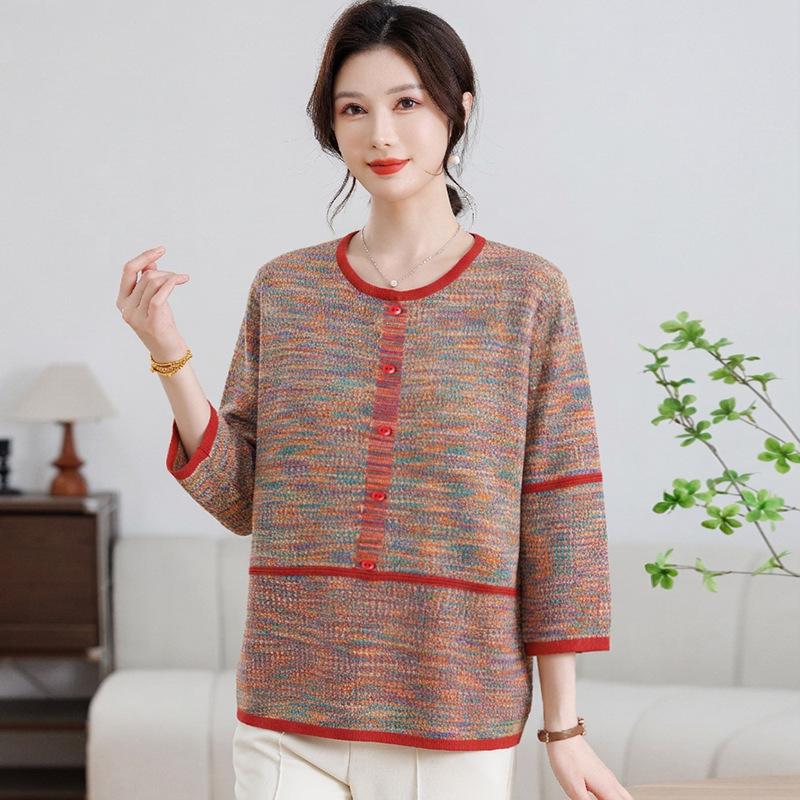 

Women s Mixed Color Round Neck Sweater - Fashionable, Age-Reducing, Loose Fit for Spring and Autumn L (120-135 lbs)
