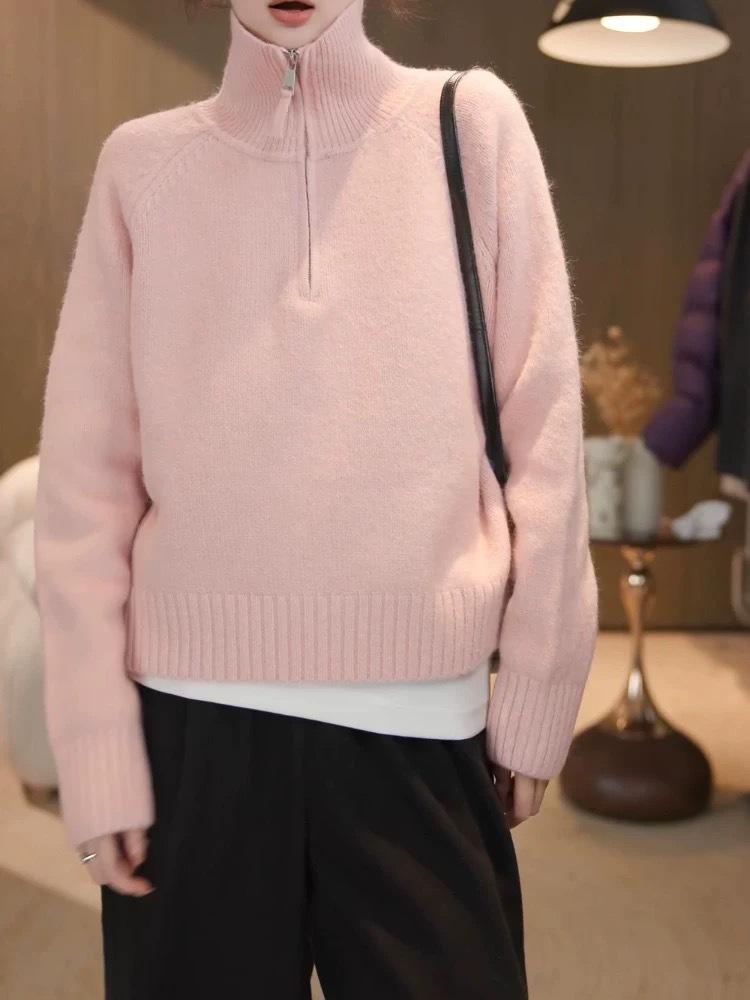 Korean Style Women's High-Neck Half-Zip Pullover Sweater - Winter 2025 Collection
