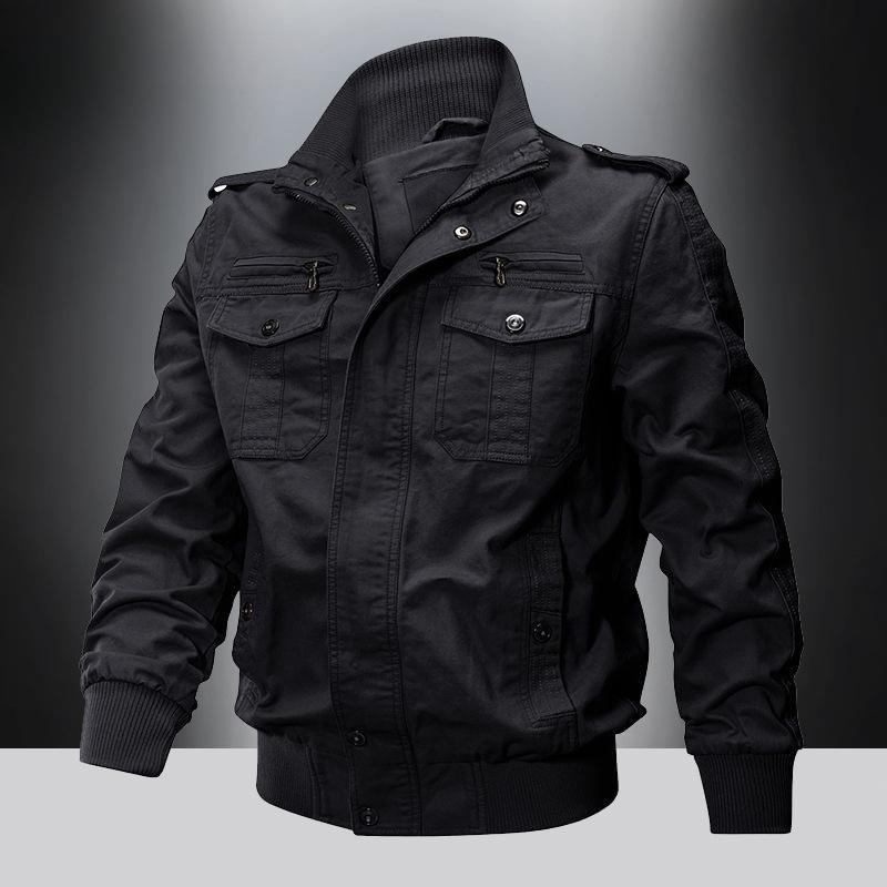 Spring and Autumn Men's Military Jacket Cotton Casual Loose Tooling Jacket Middle-aged and Young Solid Color Multi-Pocket Thin Top Men