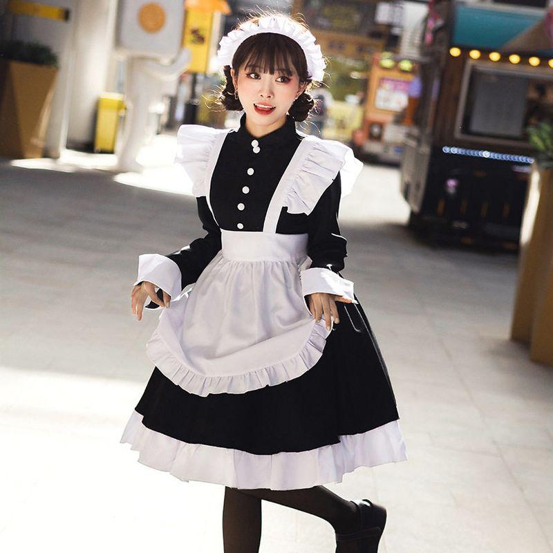 Black and White Maid Outfit, Japanese Gothic Style, Medium-Sized Women's Clothing, Lolita Maid Outfit, Stage Costume