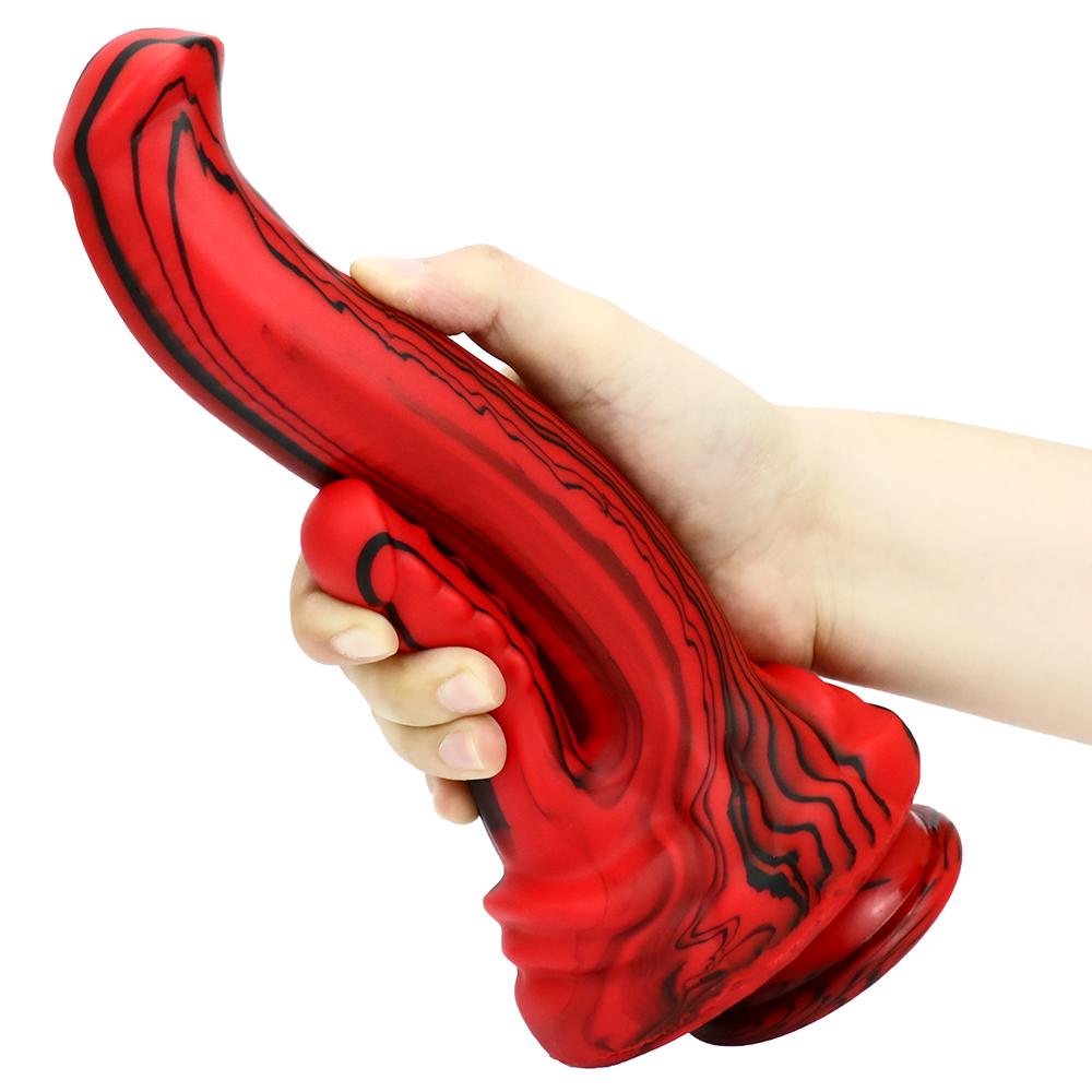 Rotschwarzer Silikon-Monsterdildos, Fantasie-Pferde-/Hundedildo mit Knoten, riesiger Schwanz, dicker Analpenis mit starkem Saugnapf