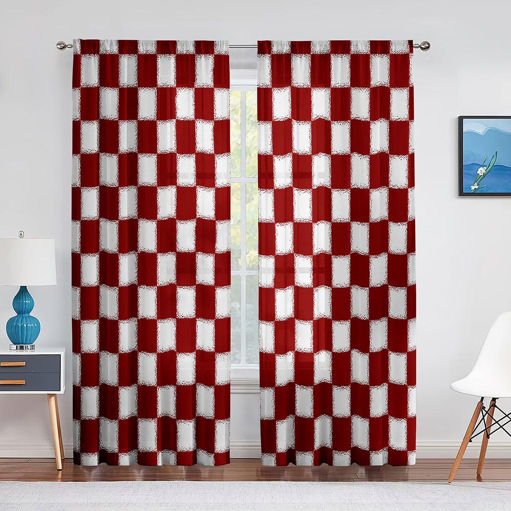 Rot Weiß Checker Muster Sheer Fenster Vorhänge Schlafzimmer Moderne Chiffon Drape Tüll Volants Wohnzimmer Küche Voile Vorhang