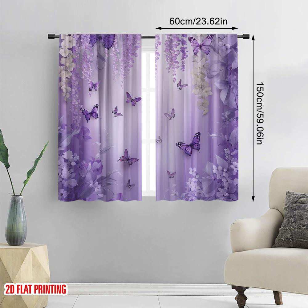 Set Of 2 Elegant Flat Printing Window Drapes Purple Butterfly Floral Digital Printed Polyester Festive Wall Decor Curtain Made