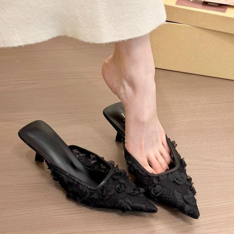 Spring Summer Pointed Toe Women Muels Slippers Fashion High Heels Party Dress Ladies Flower Slides Shoes