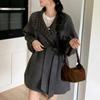 Vintage Hong Kong Style Color-Block Plaid Stand Collar Woolen Coat for Women