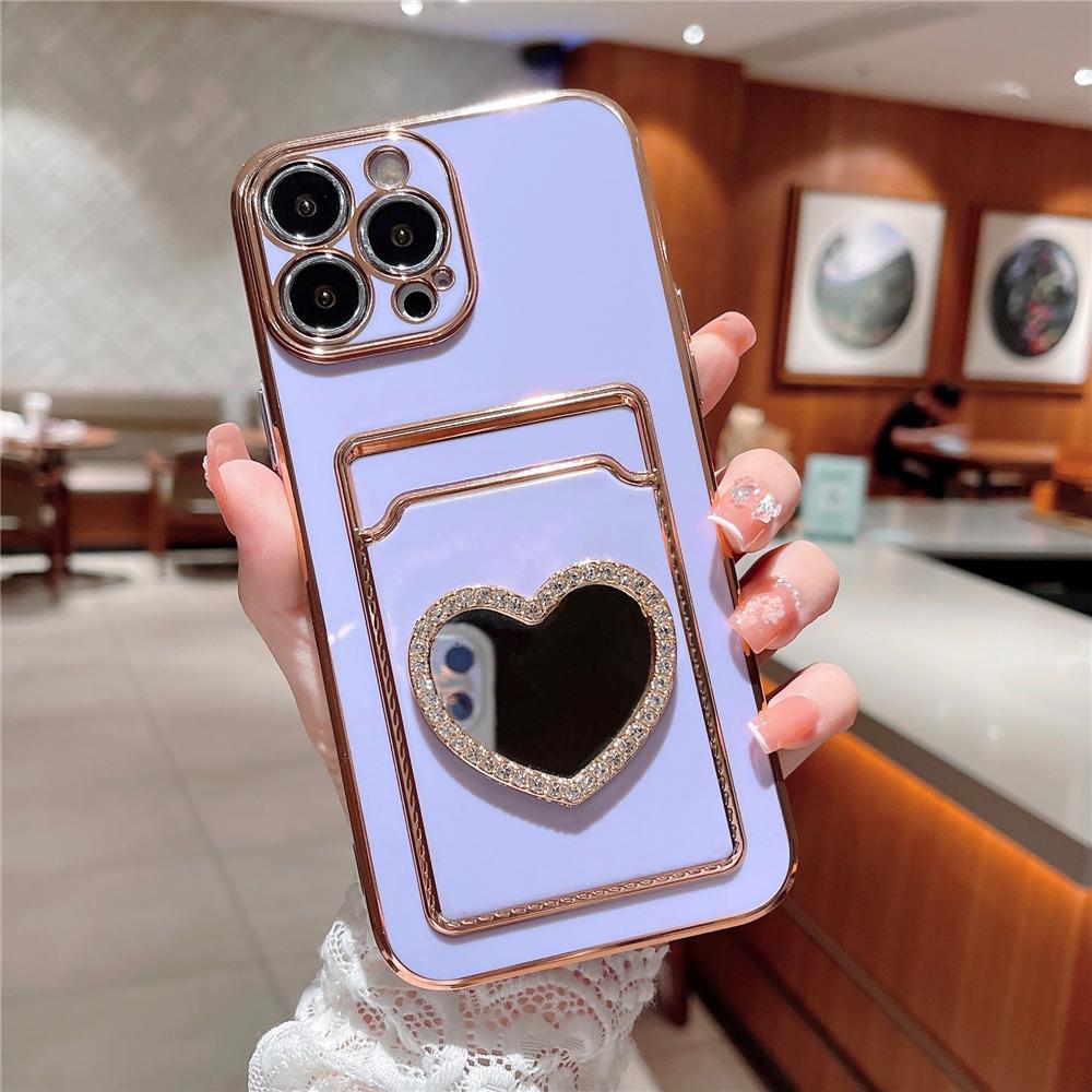 Glitter Rhinestone Love Heart Mirror Plating Wallet Card Case For iPhone 16 15 14 13 11 12 Pro Max XS X 7 8 Plus Soft Slot Cover