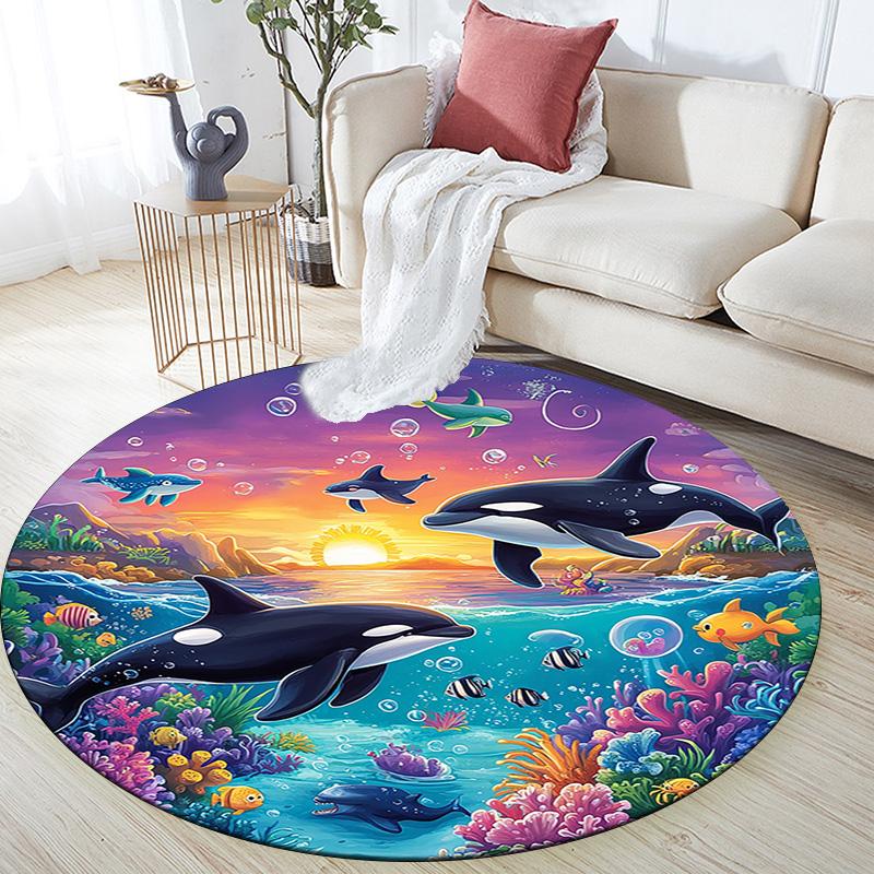 Orca Whales Round Area Rug,Carpet Rug for Living Room Bedroom Sofa Playroom Decor,Non-slip Floor Mat