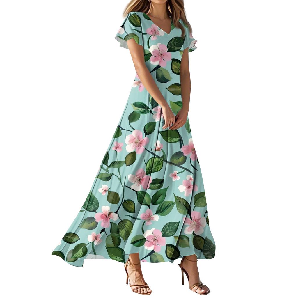 Lässiges Damenkleid mit V-Ausschnitt, kurzen Ärmeln und hoher Taille, Retro-Blumenblatt-Print