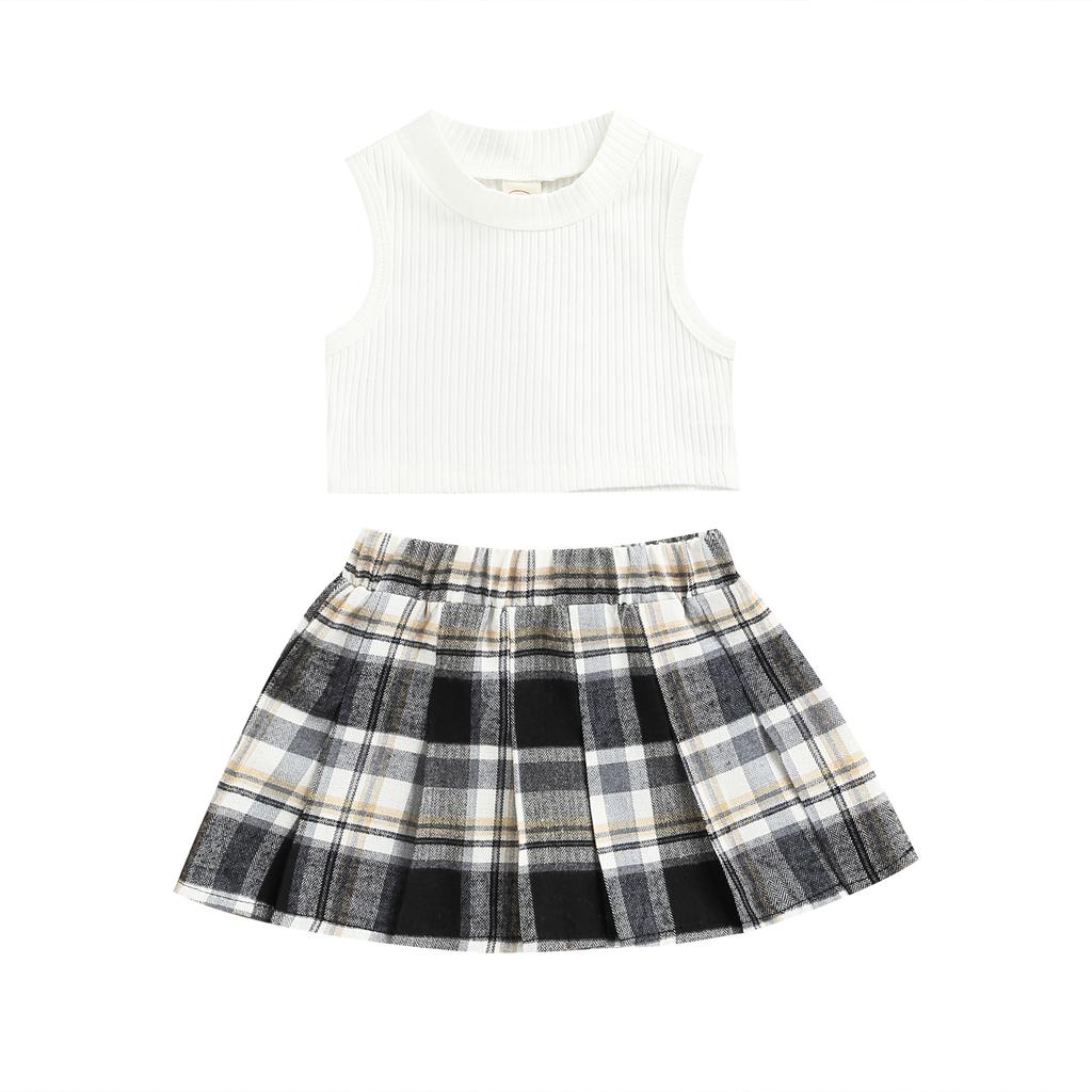 Sada dívčích oděvů pro batolata, jednobarevná žebrovaná tílka bez rukávů + elastická, kontrastní barevná plisovaná sukně v pase