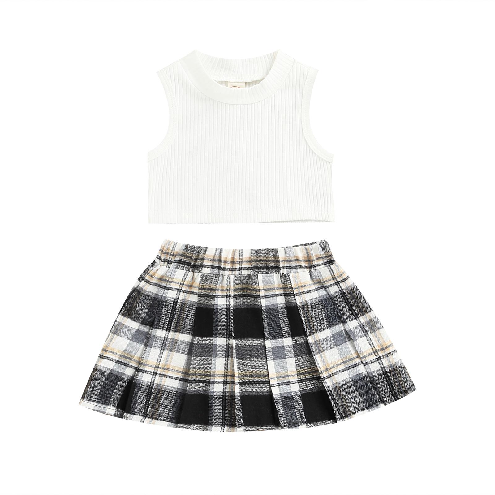 

Комплект модной одежды для девочек, однотонные топы без рукавов в рубчик + резинка на талии, плиссированная юбка в клетку контрастного цвета 6-9 Months белый