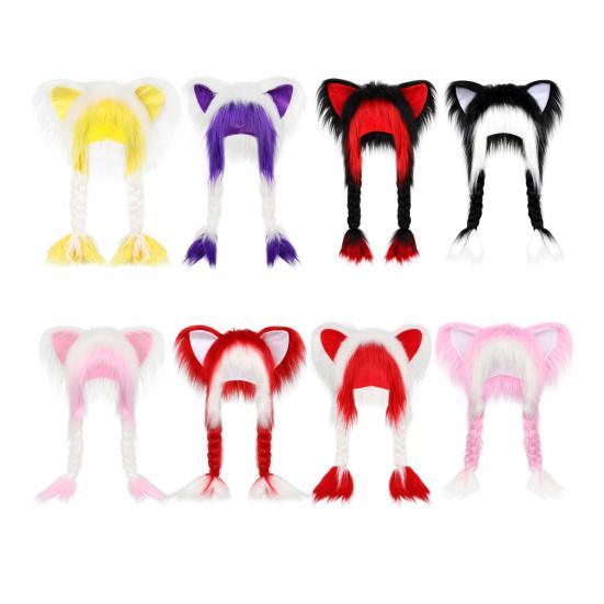 Cat Ear Hat with Braids Double-Layer Ears Decor Soft Plush Anime Cosplay Hat