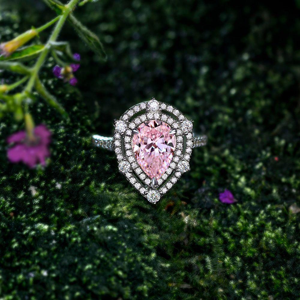 Tancise Ring Synthetischer Wassertropfen 3 Karat Rosa Diamant S925 Sterlingsilber Platinplattierung Farbtrennung Hauptstein 7*10.