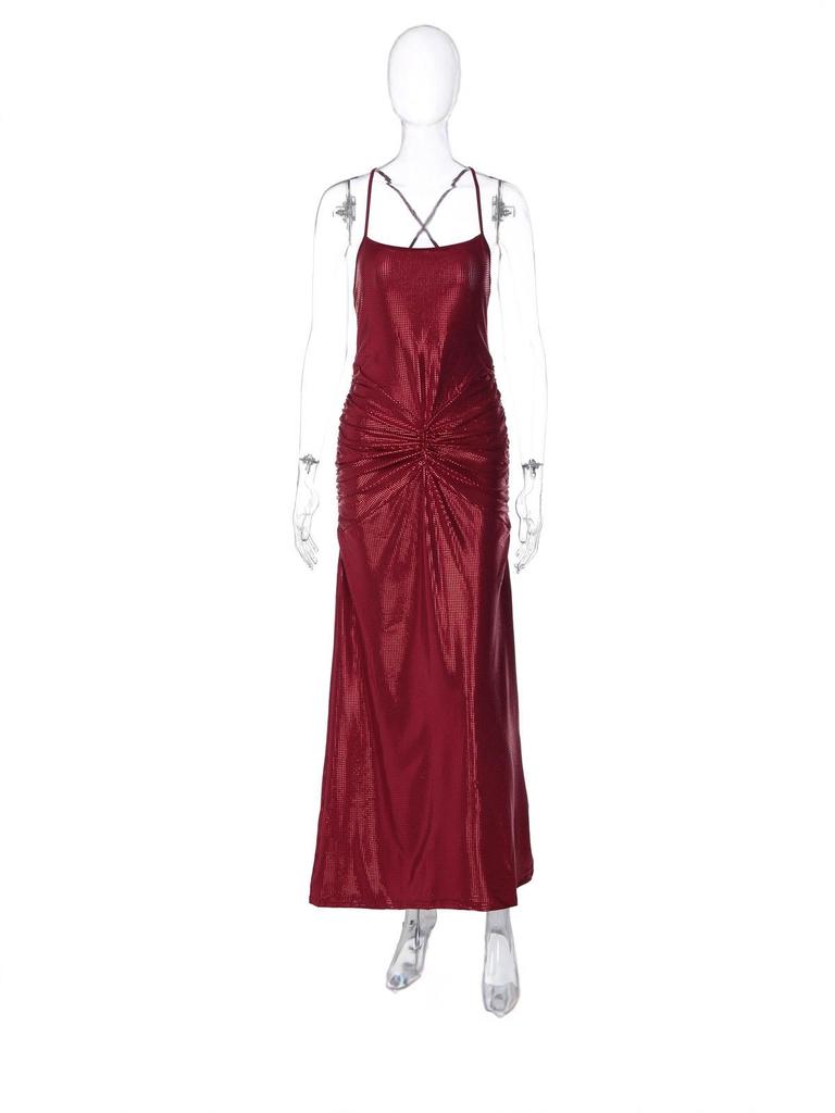 Elegant 2025 Summer Women's Backless Pleated Dress with Hot Stamping Design