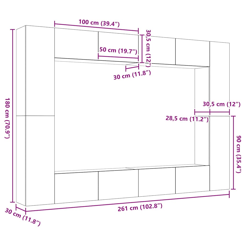 TV Cabinet Set 8 pcs Black Oak Effect 100 x 30 x 30 cm